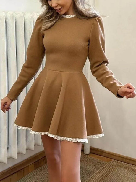 Aurohaya Elegant Lace Panel High Waist Long Sleeve Mini Dress