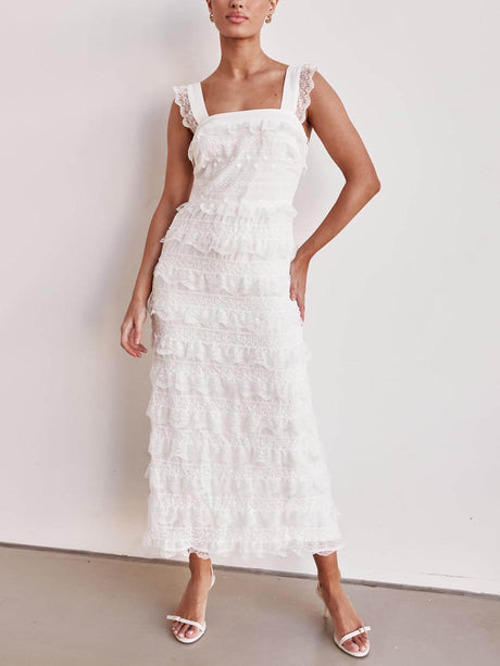 Aurohaya Delicate Layered Lace Detail A-Line Hem Maxi Dress White