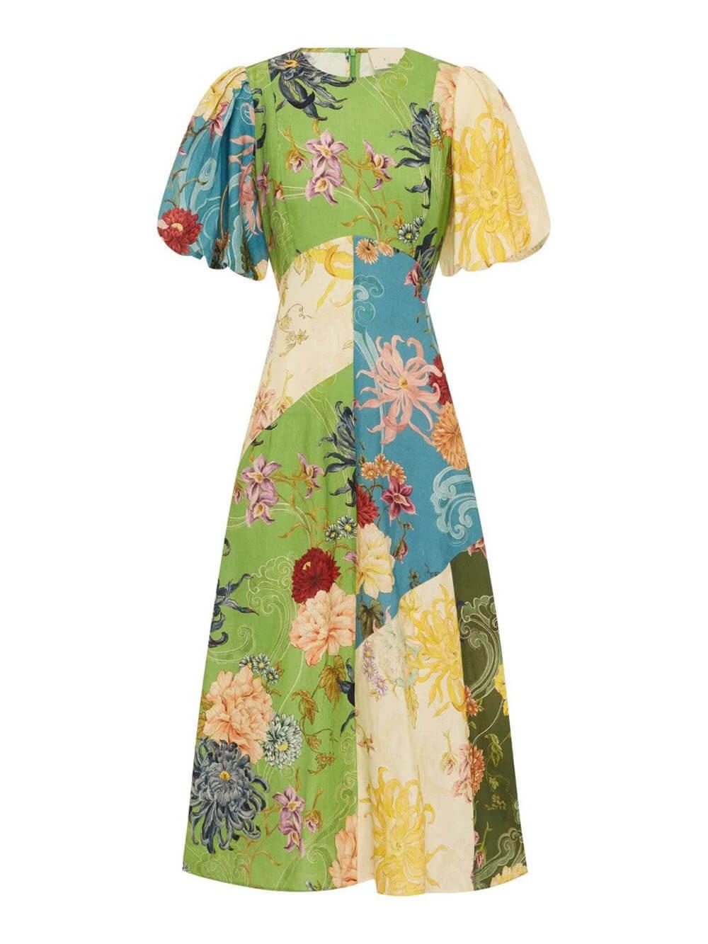Aurohaya Casual Personalized Graffiti Print Lantern Sleeve Round Neck Linen Maxi Dress