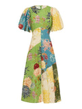 Casual Personalized Graffiti Print Lantern Sleeve Round Neck Linen Maxi Dress