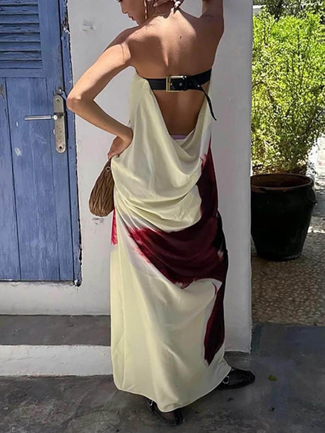 Aurohaya Elegant Floral Print Sexy Strapless Backless Maxi Dress