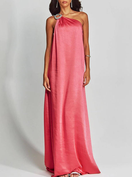 Aurohaya Exquisite Charming Glance Satin Metal Hardware One Shoulder Loose Maxi Dress Red