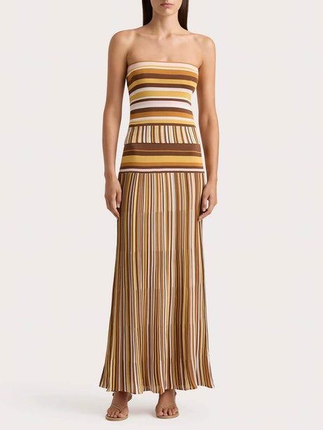 Aurohaya Exquisite Strapless Striped Printed Pleated Maxi Dress