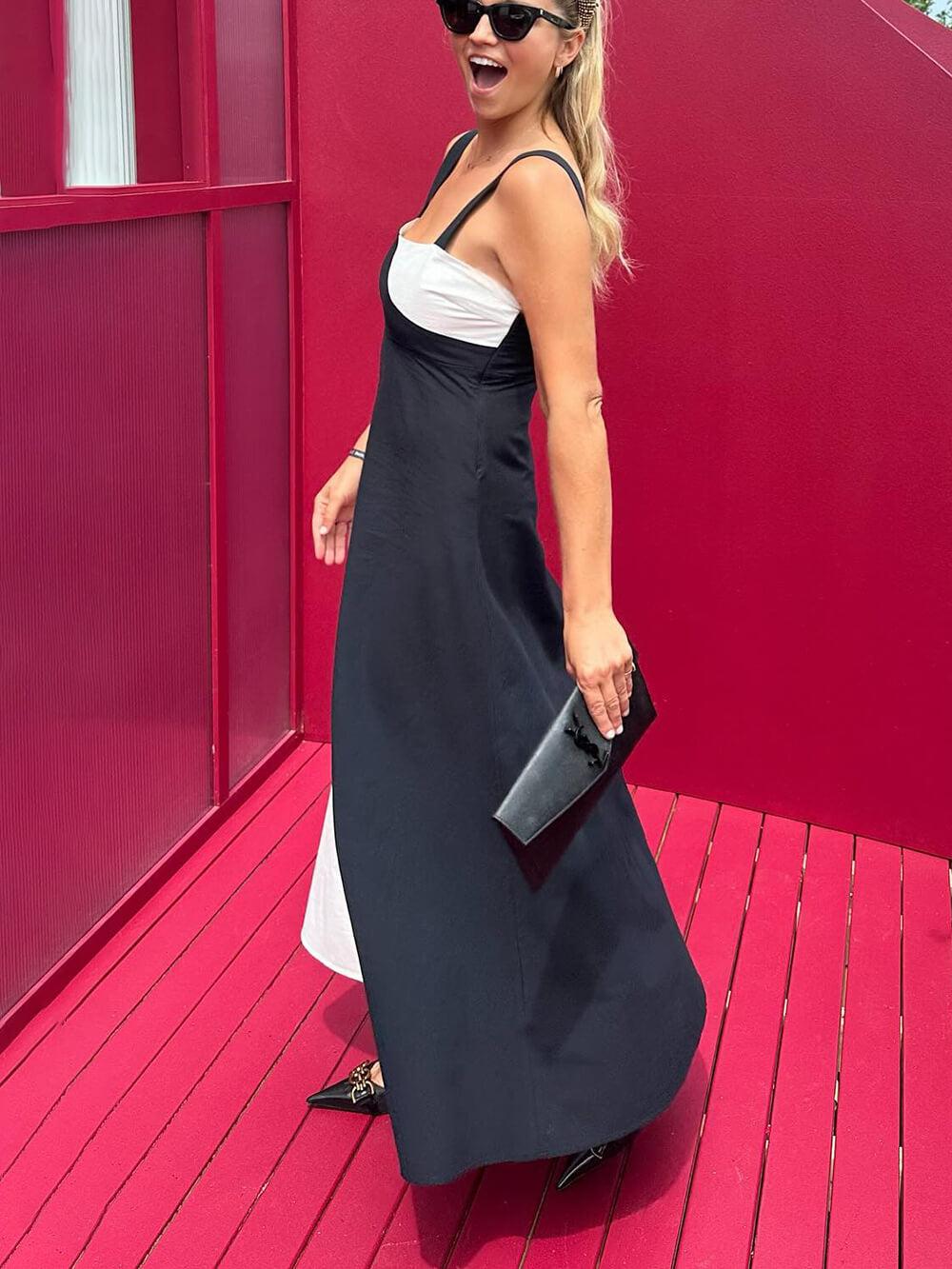 Aurohaya Simple Contrast Color Sling Back Smocked Maxi Dress