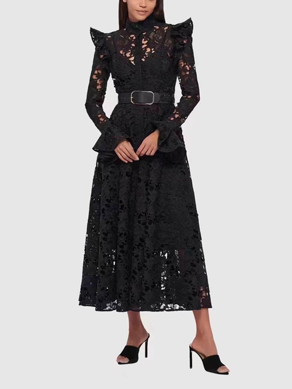 Aurohaya Elegant Hollow Lace Trumpet Sleeve Party Evening Gown Maxi Dress Black