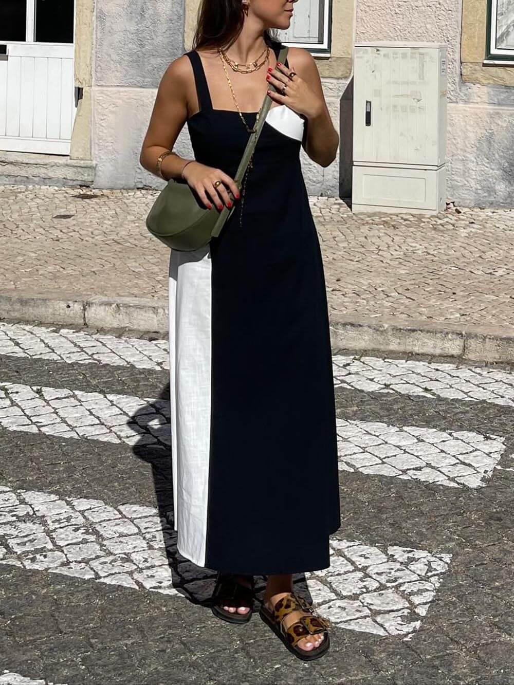 Aurohaya Simple Contrast Color Sling Back Smocked Maxi Dress