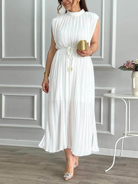 Aurohaya Elegant Pleated Half-High Collar Tie Midi Dress