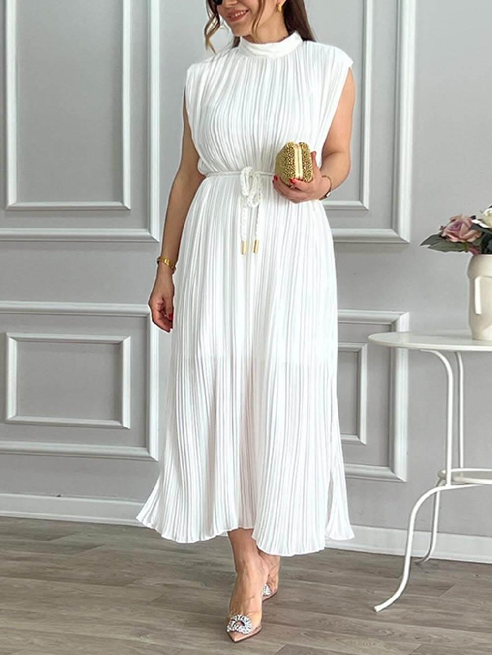 Aurohaya Elegant Pleated Half-High Collar Tie Midi Dress