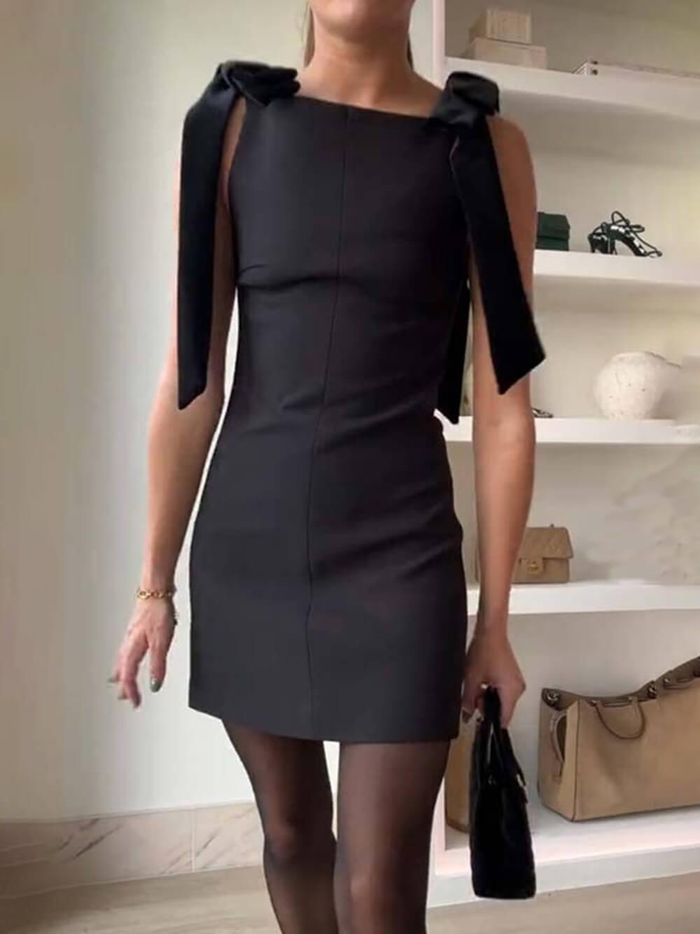 Aurohaya Elegant Bow Straps Straight Neckline Mini Dress