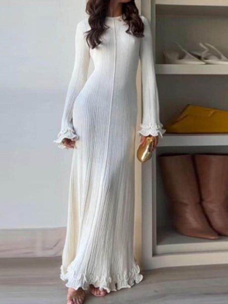 Aurohaya Elegant Trumpet Sleeves Rolled Hem Knitted Round Neck Maxi Dress White