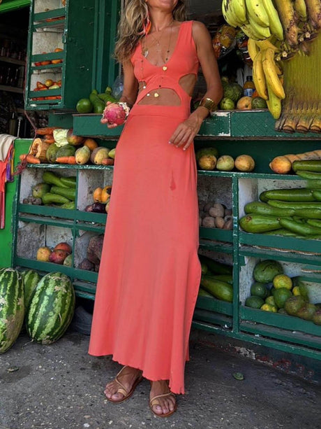 Aurohaya Unique Tie-dye Print Cutout Design Slit Stretch Dress