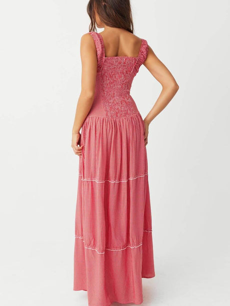 Aurohaya Vintage French Check Print Suspenders Drawstring Pleated Ruffle Maxi Dress