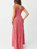 Vintage French Check Print Suspenders Drawstring Pleated Ruffle Maxi Dress