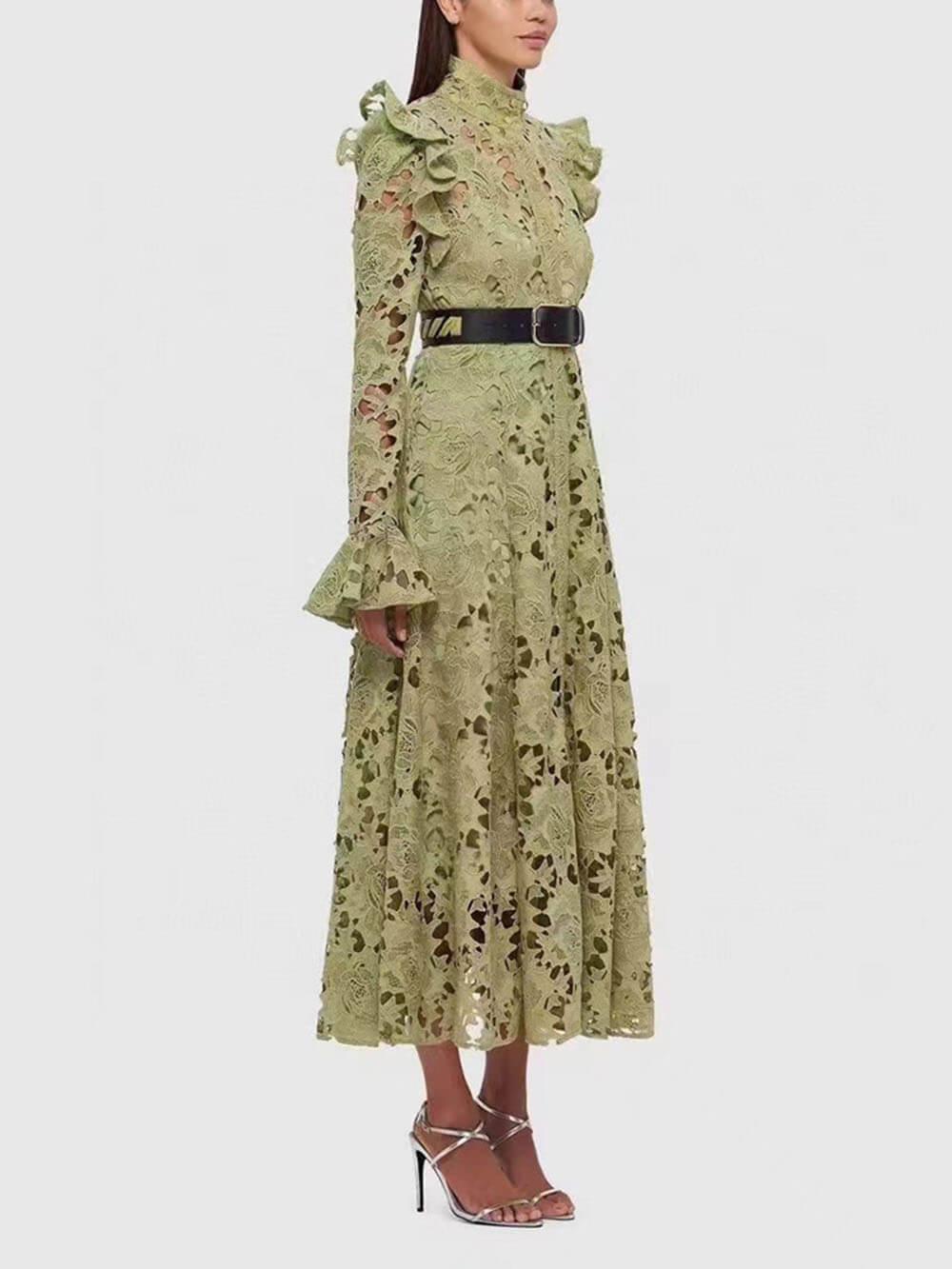 Aurohaya Elegant Hollow Lace Trumpet Sleeve Party Evening Gown Maxi Dress