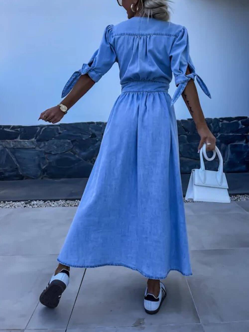 Aurohaya Unique Pleats Solid Color V-Neck Button-Down Denim Midi Dress