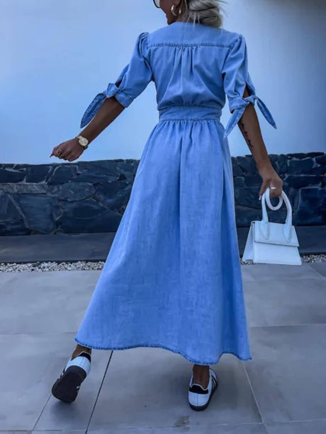 Aurohaya Unique Pleats Solid Color V-Neck Button-Down Denim Midi Dress