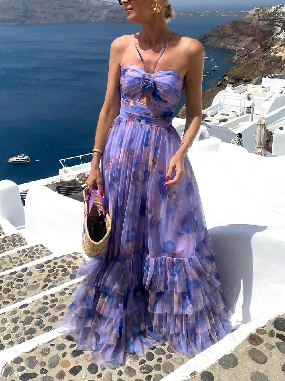 Aurohaya Elegant Floral Print Chiffon Layered Halter Maxi Dress