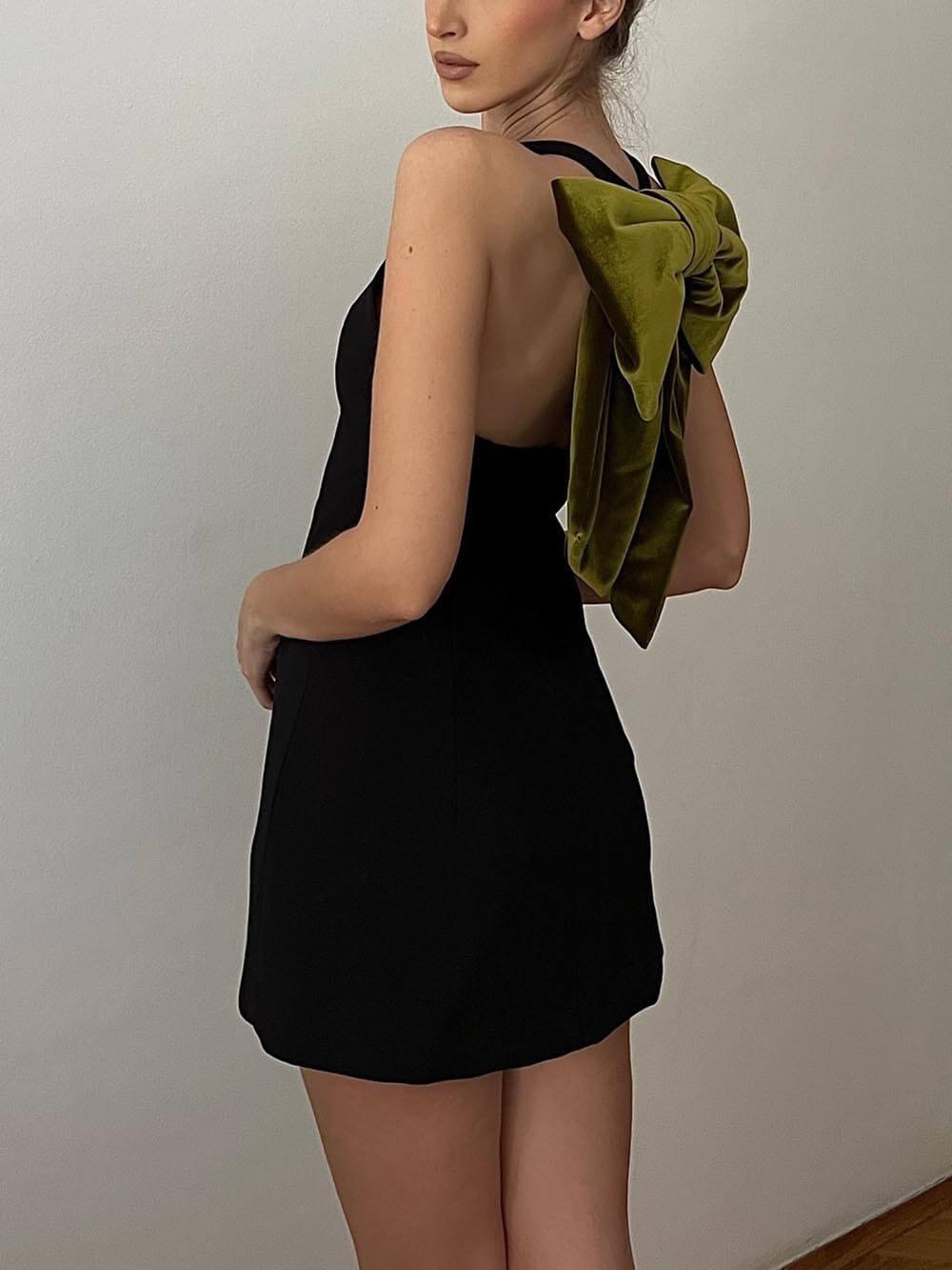 Aurohaya Elegant Sweet Party Contrast Back Velvet Bow Mini Dress