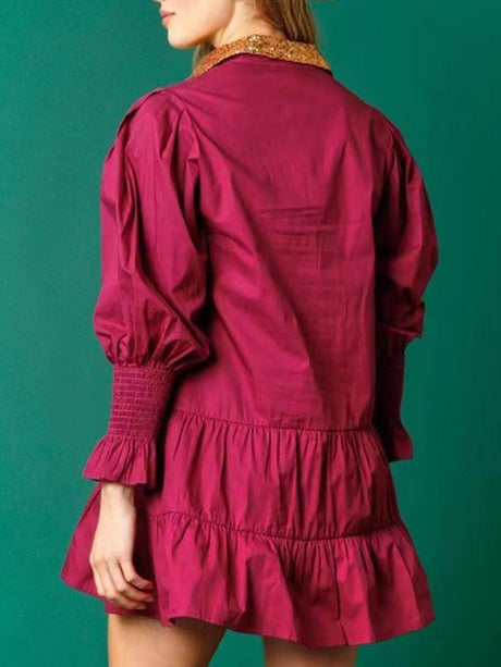 Aurohaya Christmas Lapel Contrast Long Sleeve Sequined Mini Dress