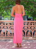 Elegant Draped Pile Neck Halter Neck Slit Backless Maxi Dress