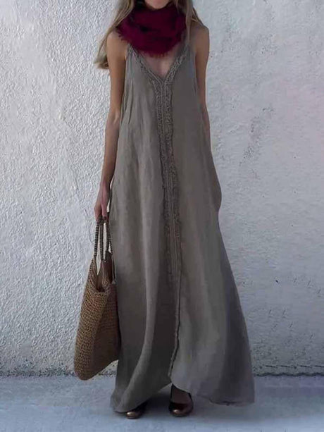 Aurohaya Modern Unique Lace Decoration V-Neck Suspender Maxi Dress