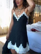 Aurohaya Elegant Striped Lace Trim Pleated Slip Mini Dress Black