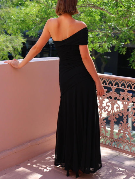 Aurohaya Elegance Effortless Mesh Off Shoulder Ruched Stretch Maxi Dress