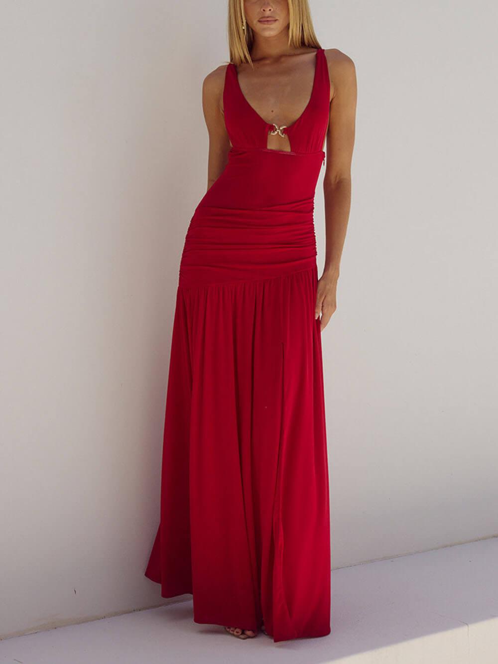 Aurohaya Luxury Mesh Semi-sheer Side Slit Cutout Maxi Dress Red