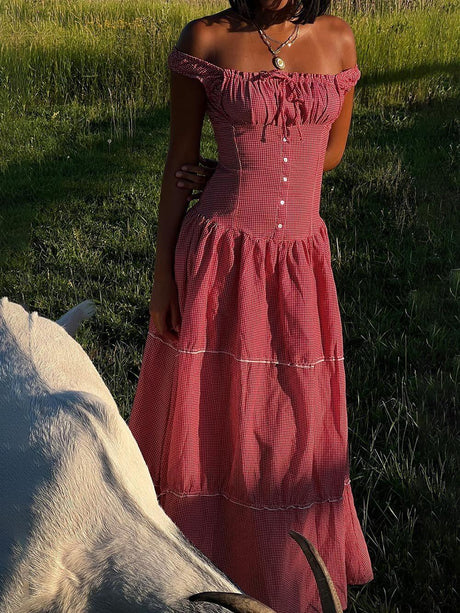 Aurohaya Vintage French Check Print Suspenders Drawstring Pleated Ruffle Maxi Dress