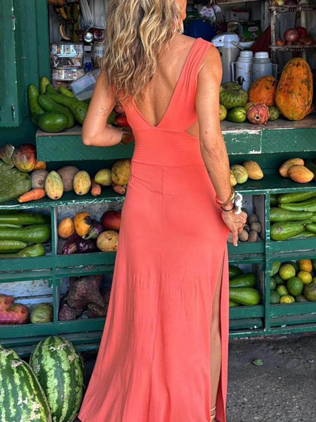 Aurohaya Unique Tie-dye Print Cutout Design Slit Stretch Dress