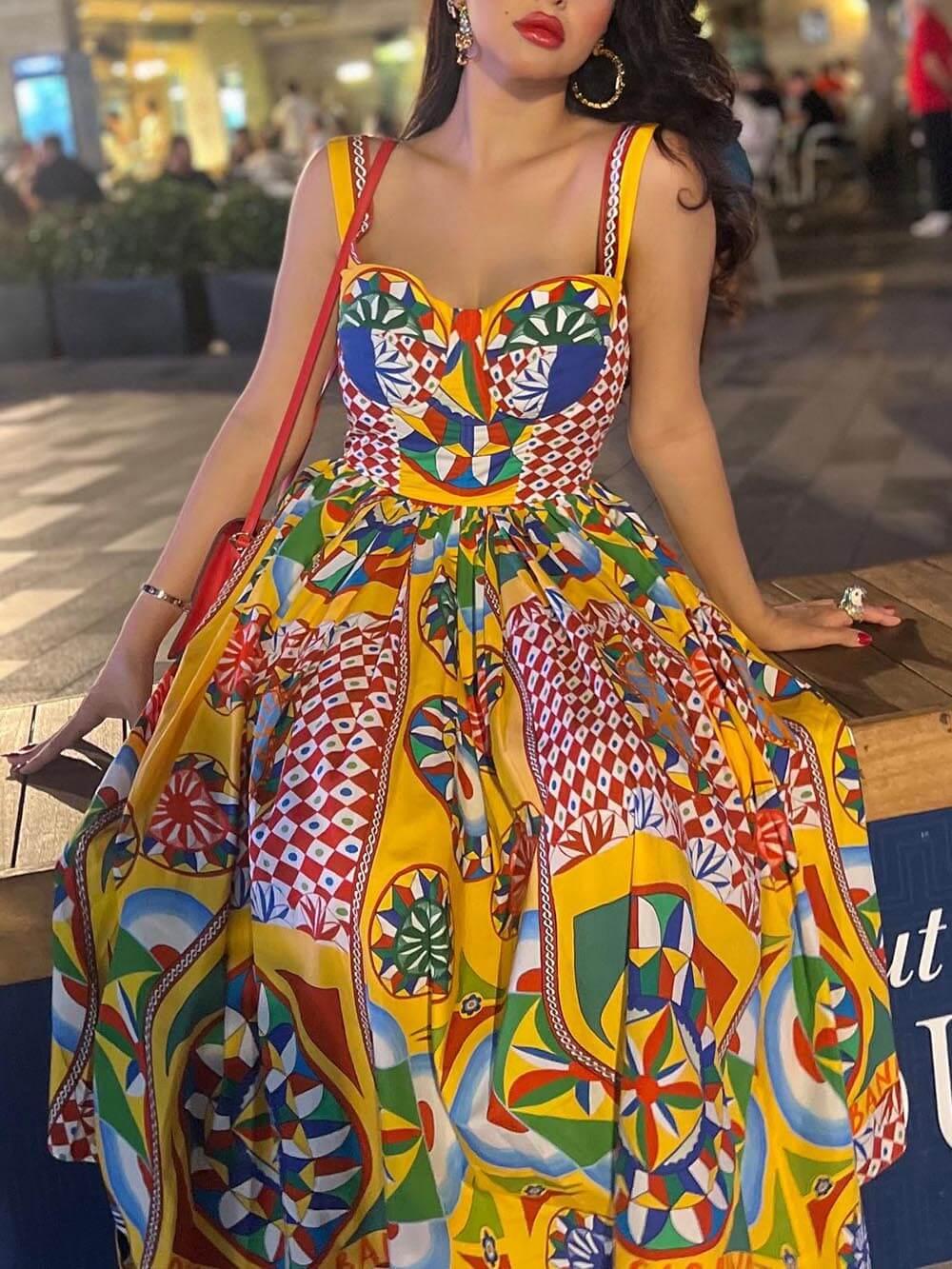 Aurohaya Unique Sunset Walk Ethnic Pattern Print Backless Midi Dress