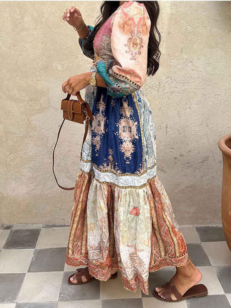 Aurohaya Retro Print Ethnic Style Puff Sleeve Holiday Maxi Dress