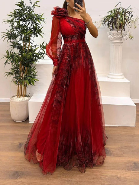 Aurohaya Exquisite Casual Off-Shoulder Mesh Print Maxi Dress Red