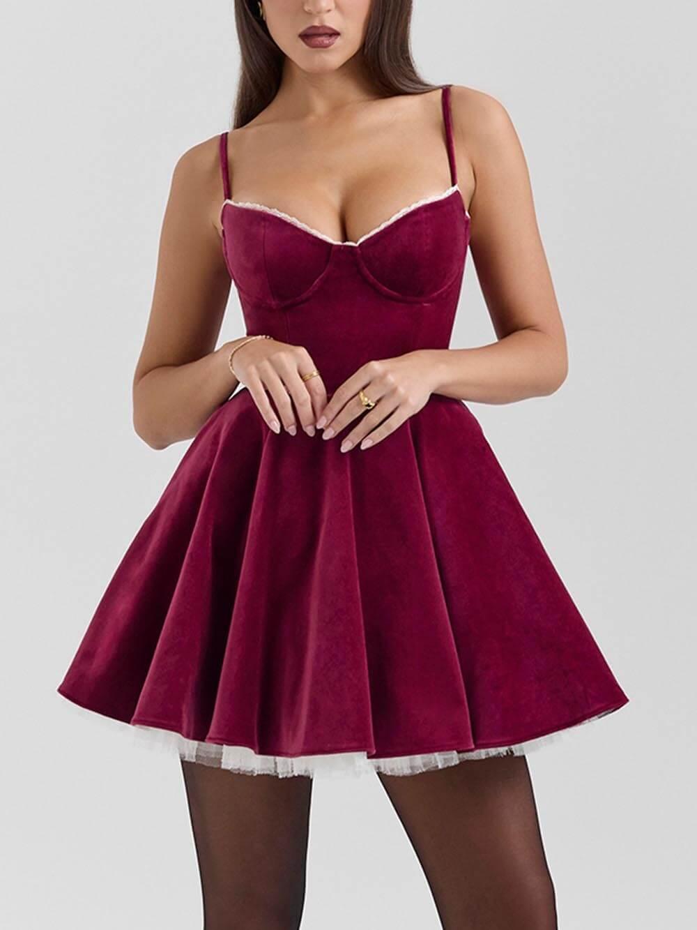Aurohaya Elegance Year-end Dance Tulle Patchwork Sweetheart Neck Slip Mini Dress Wine Red