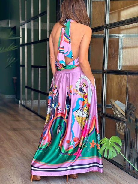 Aurohaya Elegance Unique Satin Print Back Tie-up Pocket Halter Maxi Dress