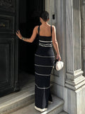 Aurohaya Exquisite Hollow Contrast Color French Suspenders Slim Hip-Hugging Maxi Dress