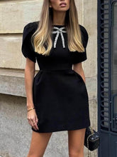 Aurohaya Elegant Chic Style Bow Decoration Slit Mini Dress Black