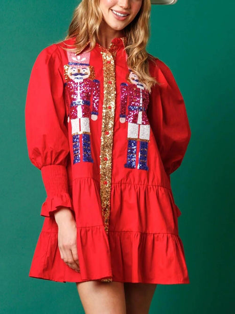Aurohaya Christmas Lapel Contrast Long Sleeve Sequined Mini Dress Red