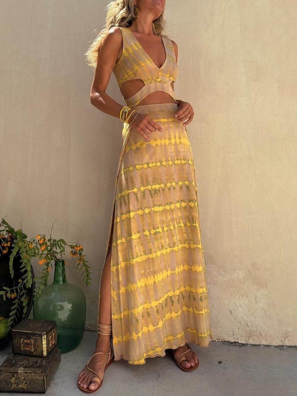 Aurohaya Unique Tie-dye Print Cutout Design Slit Stretch Dress