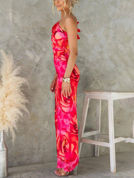 Aurohaya Sexy Elegant Sleeveless Three-Dimensional Flower Print Slim-Fitting Party Dress