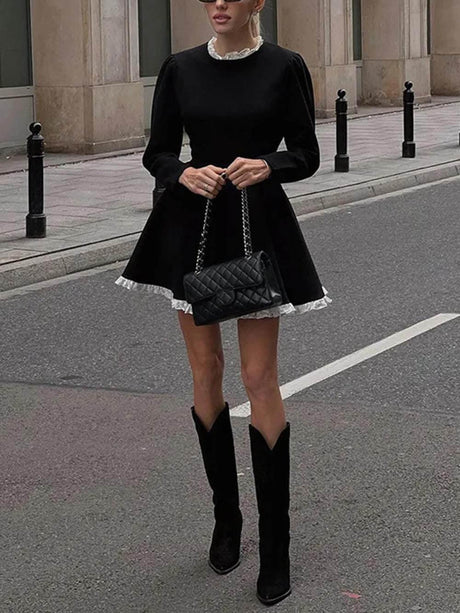 Aurohaya Elegant Lace Panel High Waist Long Sleeve Mini Dress