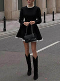 Elegant Lace Panel High Waist Long Sleeve Mini Dress