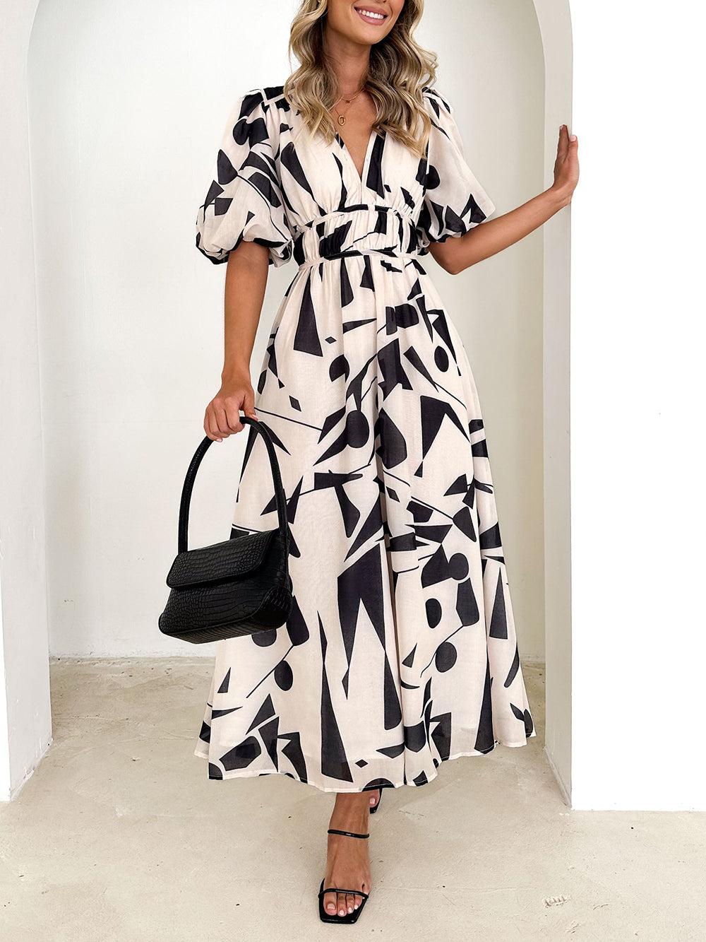 Aurohaya Sakura Midi Dress - Beige Geo White