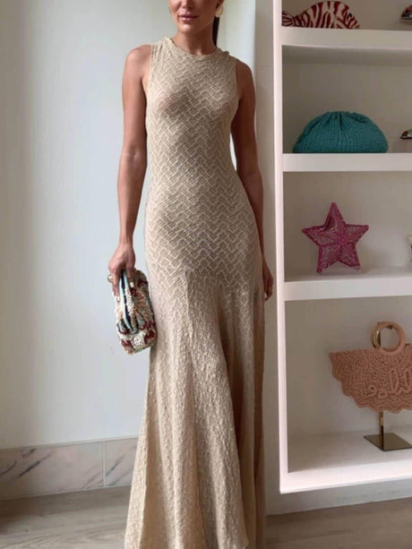 Aurohaya Elegant Lace Hook Open Back Asymmetric Hem Flared Waist Maxi Dress Apricot