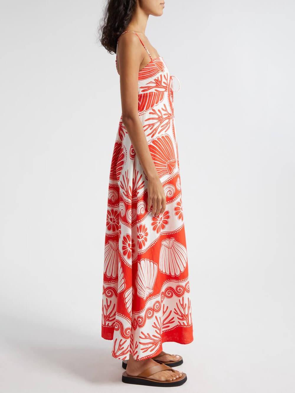 Aurohaya Shell Unique Print Front Lace-Up Loose Maxi Dress