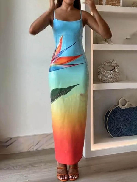 Aurohaya Sequin Unique Floral Gradient Print Slit Stretch Maxi Dress