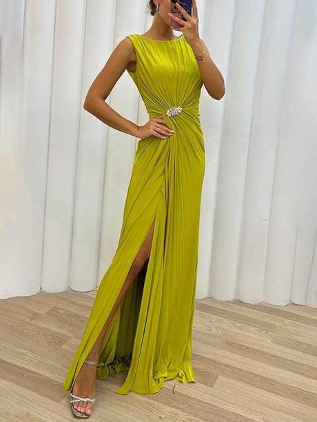 Aurohaya Special Pleated Embellished Slit Evening Maxi Dress Yellow