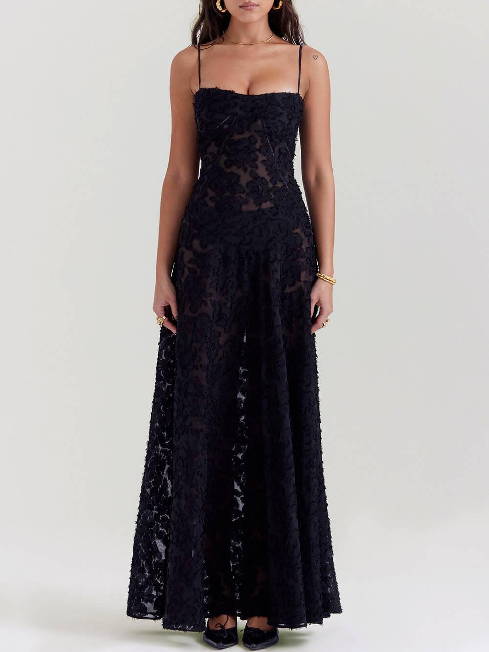 Aurohaya Black Floral Lace Back Maxi Dress Black
