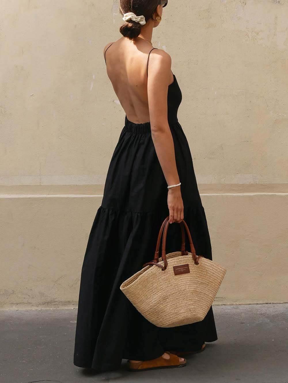 Aurohaya Classic Pleated Solid Backless Maxi Dress