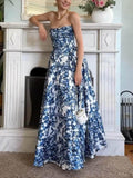 Aurohaya Elegant Strapless Printed String Maxi Dress